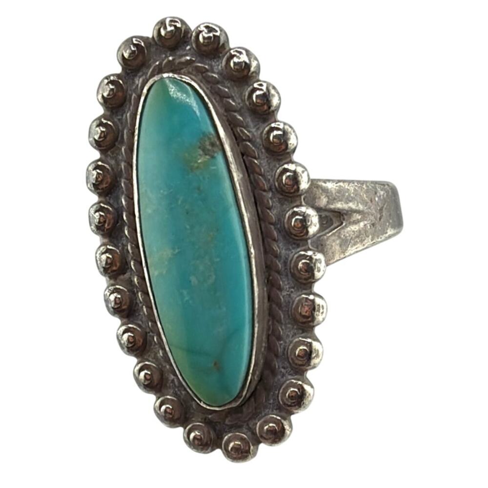 Vintage Navajo Sterling Silver Beaded Turquoise Ring 5.5